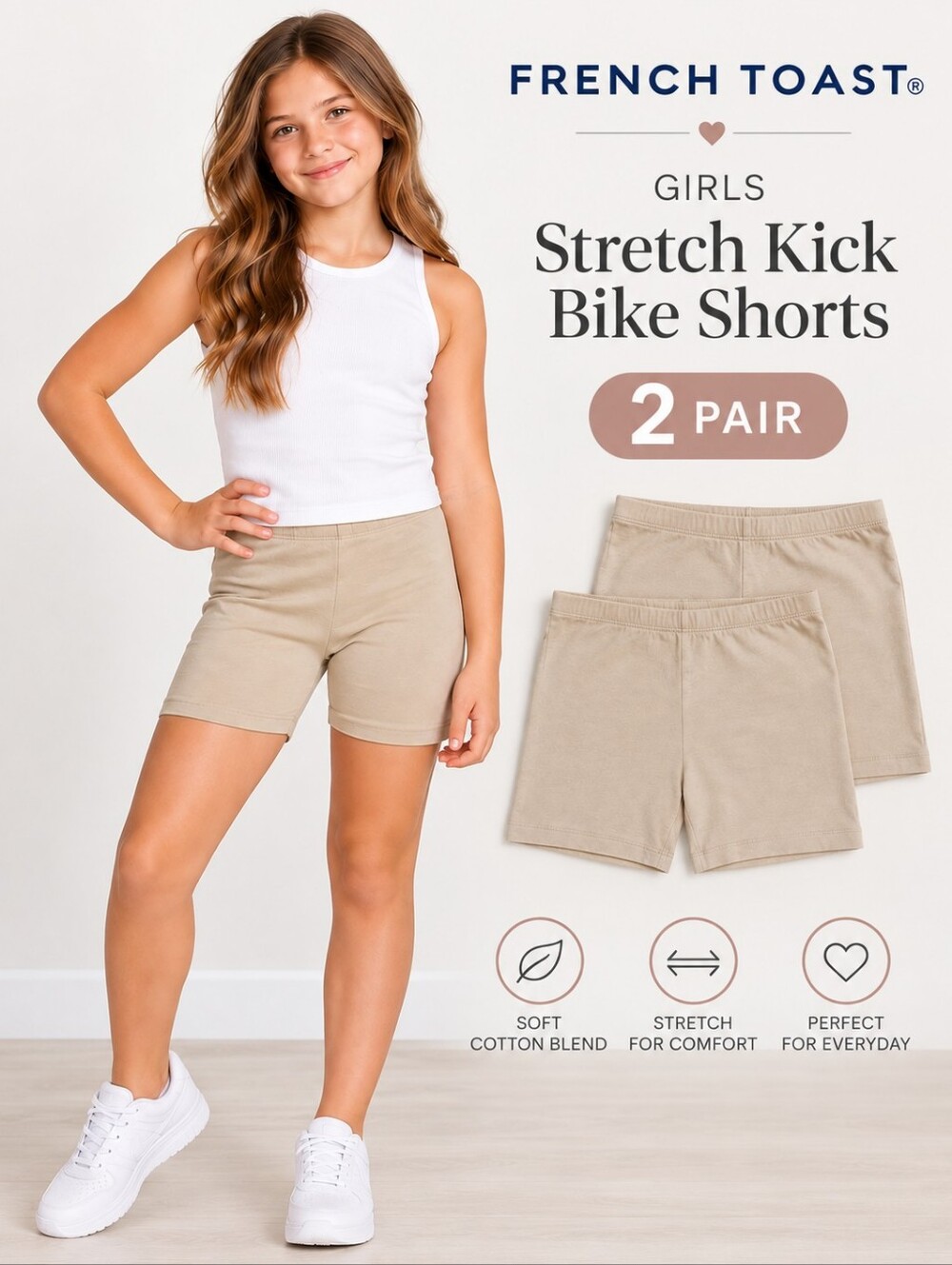 French Toast Stretch Kick Cotton Bike Shorts Girls XL Khaki 2 Pair